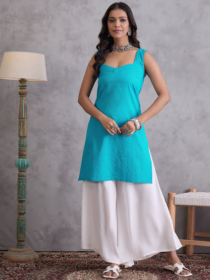 InWeave Cyan Blue Kantha Cream Palazzo Set