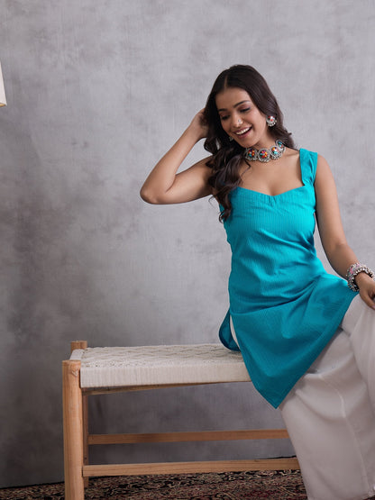 InWeave Cyan Blue Kantha Cream Palazzo Set