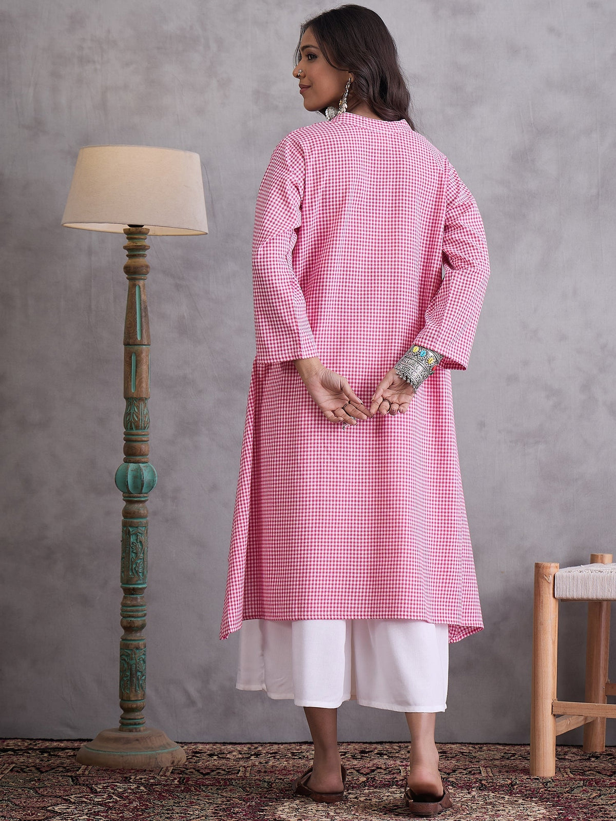 InWeave Pink Small Check Cream Palazzo Set