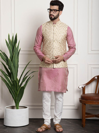 Sojanya Woven Design Mandarin Collar Kurta with Churidar & Nehru Jacket