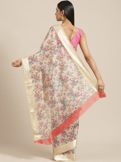 Saree Mall Cream-Coloured & Pink Floral Print Saree