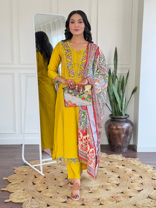 The52 Beautiful Women's Thread work Viscose Fabric Straight Kurta, Pant and Dupatta Set