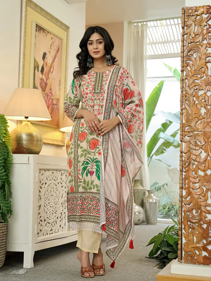 Yufta Pink Cotton Straight Floral Print Beads And Stones Lace Work Kurta Dupatta Set