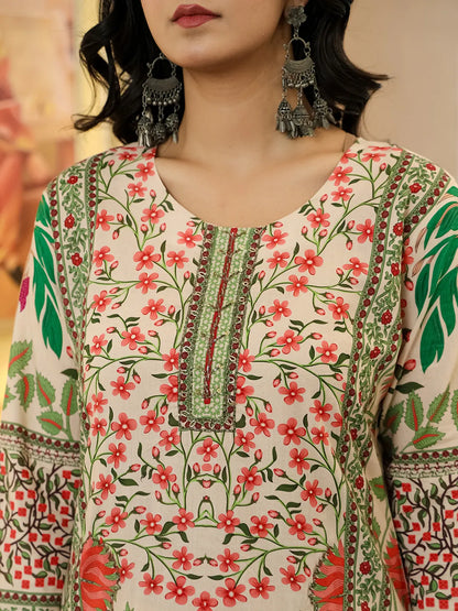 Yufta Pink Cotton Straight Floral Print Beads And Stones Lace Work Kurta Dupatta Set