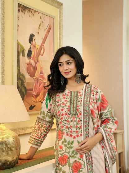 Yufta Pink Cotton Straight Floral Print Beads And Stones Lace Work Kurta Dupatta Set