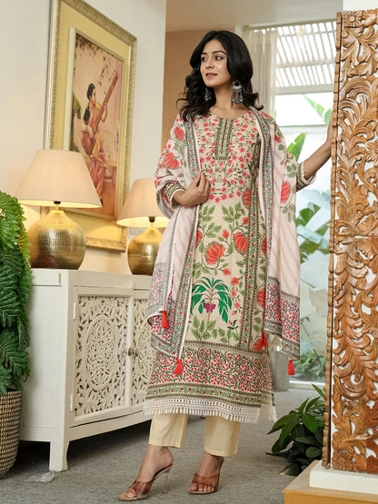 Yufta Pink Cotton Straight Floral Print Beads And Stones Lace Work Kurta Dupatta Set