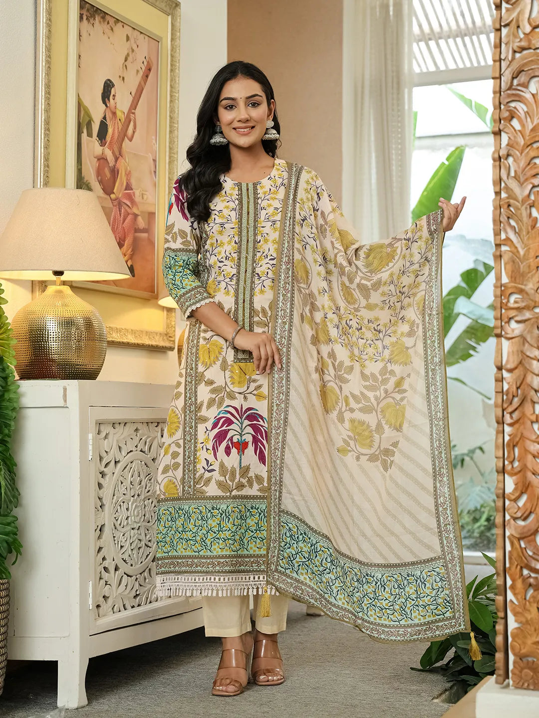 Yufta Yellow Cotton Straight Floral Print Beads And Stones Lace Work Kurta Dupatta Set
