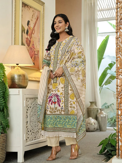 Yufta Yellow Cotton Straight Floral Print Beads And Stones Lace Work Kurta Dupatta Set