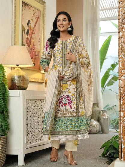 Yufta Yellow Cotton Straight Floral Print Beads And Stones Lace Work Kurta Dupatta Set