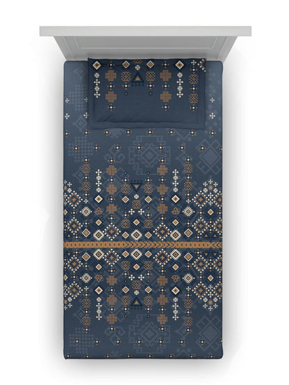 DDecor Blue & Brown Ethnic Motifs Cotton 150 TC Single Bedsheet with 1 Pillow Cover
