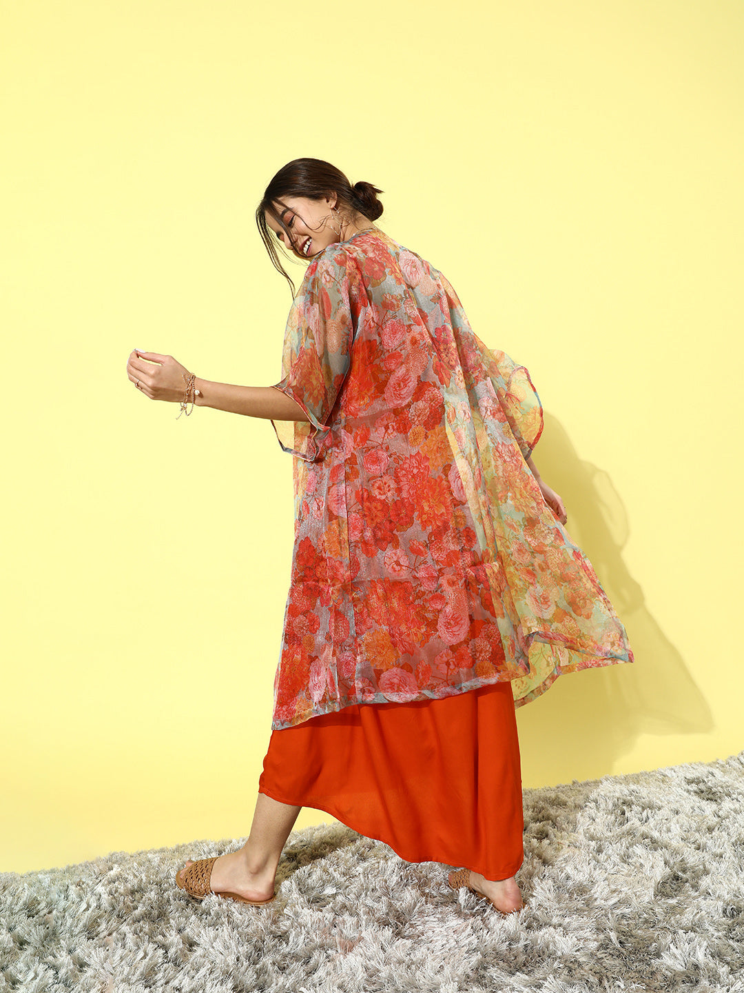 InWeave Orange Floral Printed Organza Cape Set