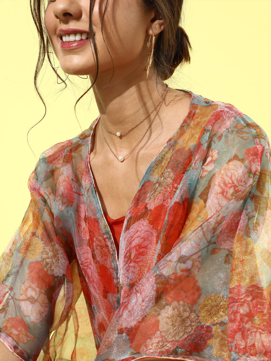 InWeave Orange Floral Printed Organza Cape Set