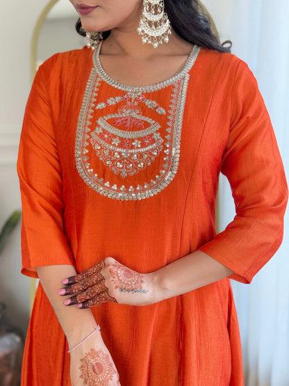 The52 Women's Orange Embroidered Vichitra Silk Fabric Straight Kurta, Pant and Dupatta Set
