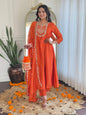 The52 Women's Orange Embroidered Vichitra Silk Fabric Straight Kurta, Pant and Dupatta Set