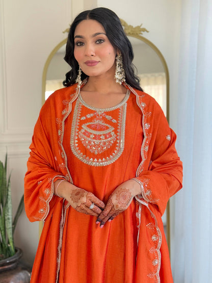 The52 Women's Orange Embroidered Vichitra Silk Fabric Straight Kurta, Pant and Dupatta Set