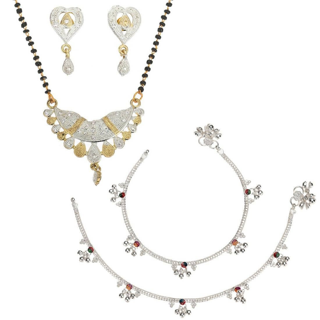 AanyaCentric Gold-Polished Mangalsutra Pendant Earring Set & Silver Plated Anklet