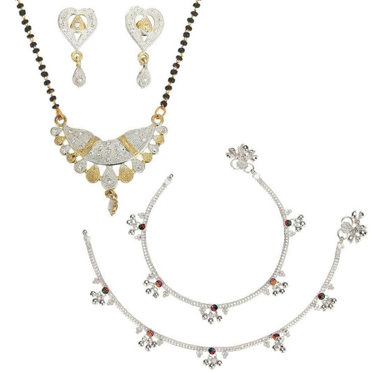 AanyaCentric Gold-Polished Mangalsutra Pendant Earring Set & Silver Plated Anklet