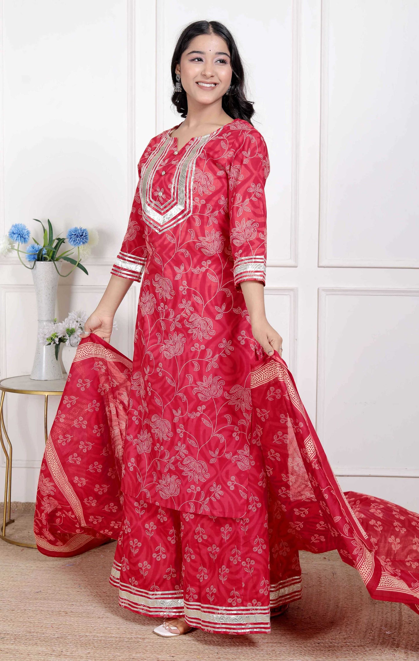 Miravan Red Floral Print Embroidered Cotton Straight Kurta with Palazzo & Dupatta