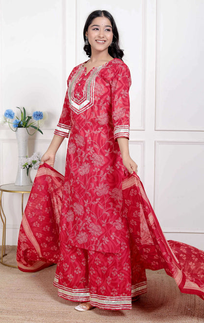Miravan Red Floral Print Embroidered Cotton Straight Kurta with Palazzo & Dupatta