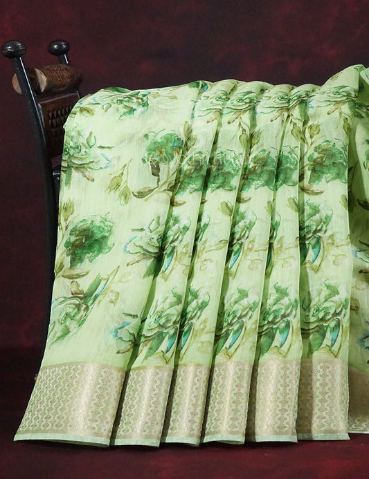 Shades of Light Parrot Green Colour Floral Design Semi Chanderi Saree By Gayathri Reddy Designer Studio