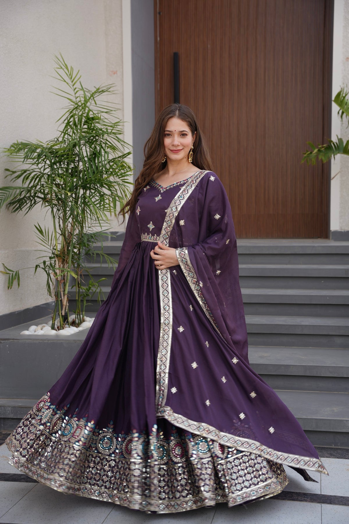 Lorenvalley Fashion Wine Diamond Silk with Embroidery Threads & Sequins Work Anarkali Gown with Dupatta
