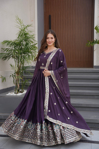 Lorenvalley Fashion Wine Diamond Silk with Embroidery Threads & Sequins Work Anarkali Gown with Dupatta
