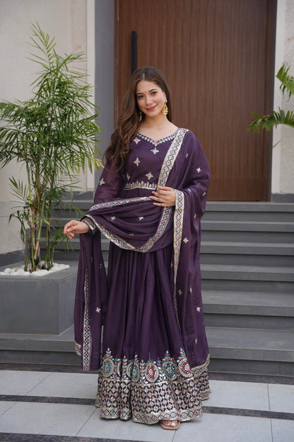 Lorenvalley Fashion Wine Diamond Silk with Embroidery Threads & Sequins Work Anarkali Gown with Dupatta
