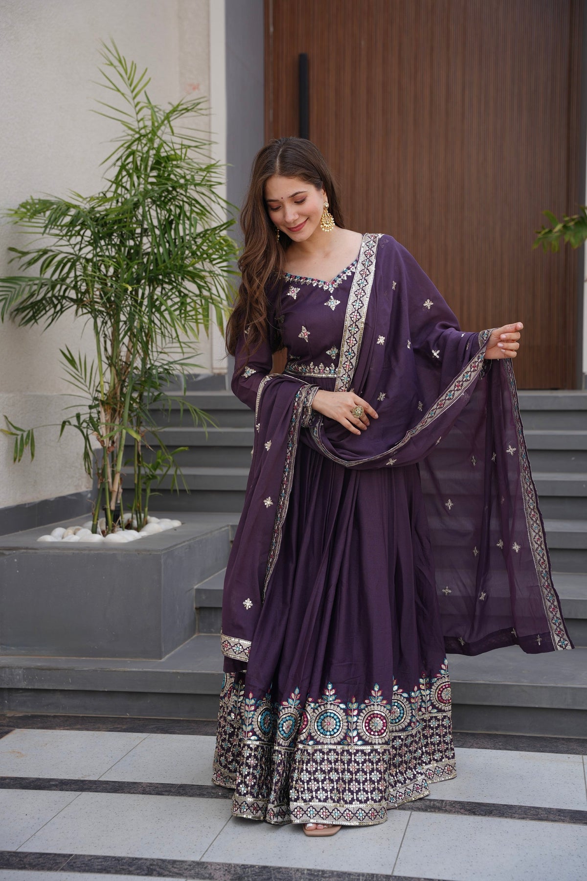 Lorenvalley Fashion Wine Diamond Silk with Embroidery Threads & Sequins Work Anarkali Gown with Dupatta