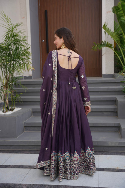 Lorenvalley Fashion Wine Diamond Silk with Embroidery Threads & Sequins Work Anarkali Gown with Dupatta