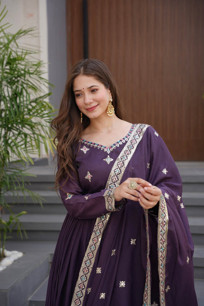 Lorenvalley Fashion Wine Diamond Silk with Embroidery Threads & Sequins Work Anarkali Gown with Dupatta