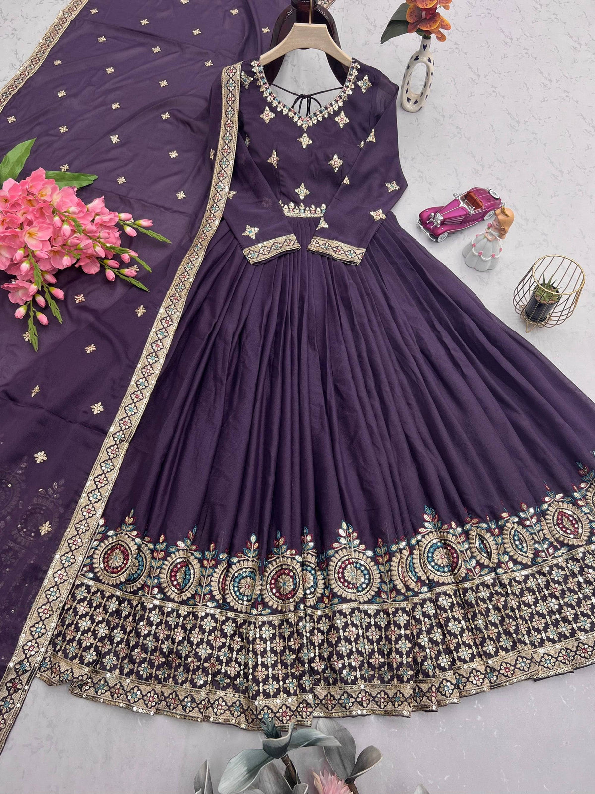 Lorenvalley Fashion Wine Diamond Silk with Embroidery Threads & Sequins Work Anarkali Gown with Dupatta