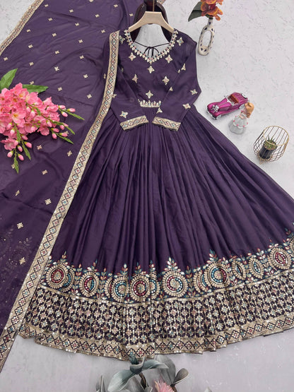 Lorenvalley Fashion Wine Diamond Silk with Embroidery Threads & Sequins Work Anarkali Gown with Dupatta