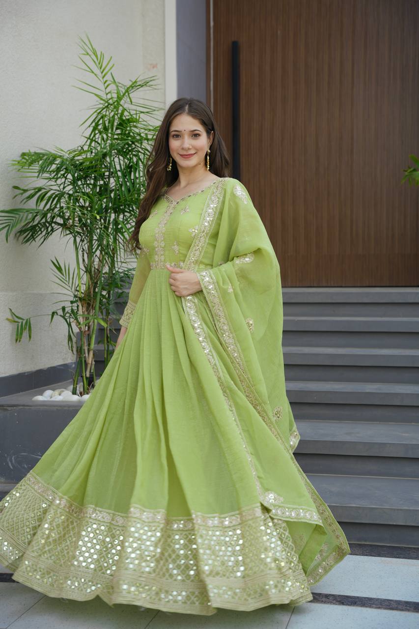 Lorenvalley Fashion Parrot Green Crunchy Silk with Embroidery Codding & Sequins Work Anarkali Gown with Dupatta