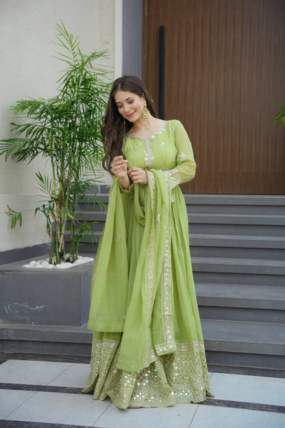 Lorenvalley Fashion Parrot Green Crunchy Silk with Embroidery Codding & Sequins Work Anarkali Gown with Dupatta