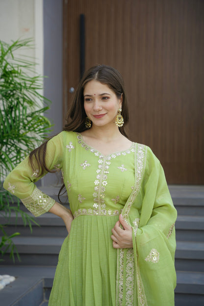 Lorenvalley Fashion Parrot Green Crunchy Silk with Embroidery Codding & Sequins Work Anarkali Gown with Dupatta