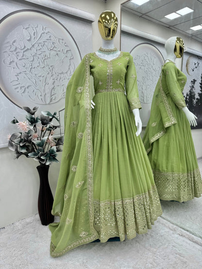 Lorenvalley Fashion Parrot Green Crunchy Silk with Embroidery Codding & Sequins Work Anarkali Gown with Dupatta