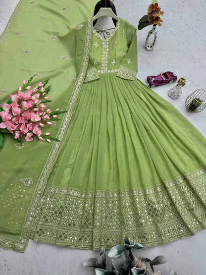 Lorenvalley Fashion Parrot Green Crunchy Silk with Embroidery Codding & Sequins Work Anarkali Gown with Dupatta