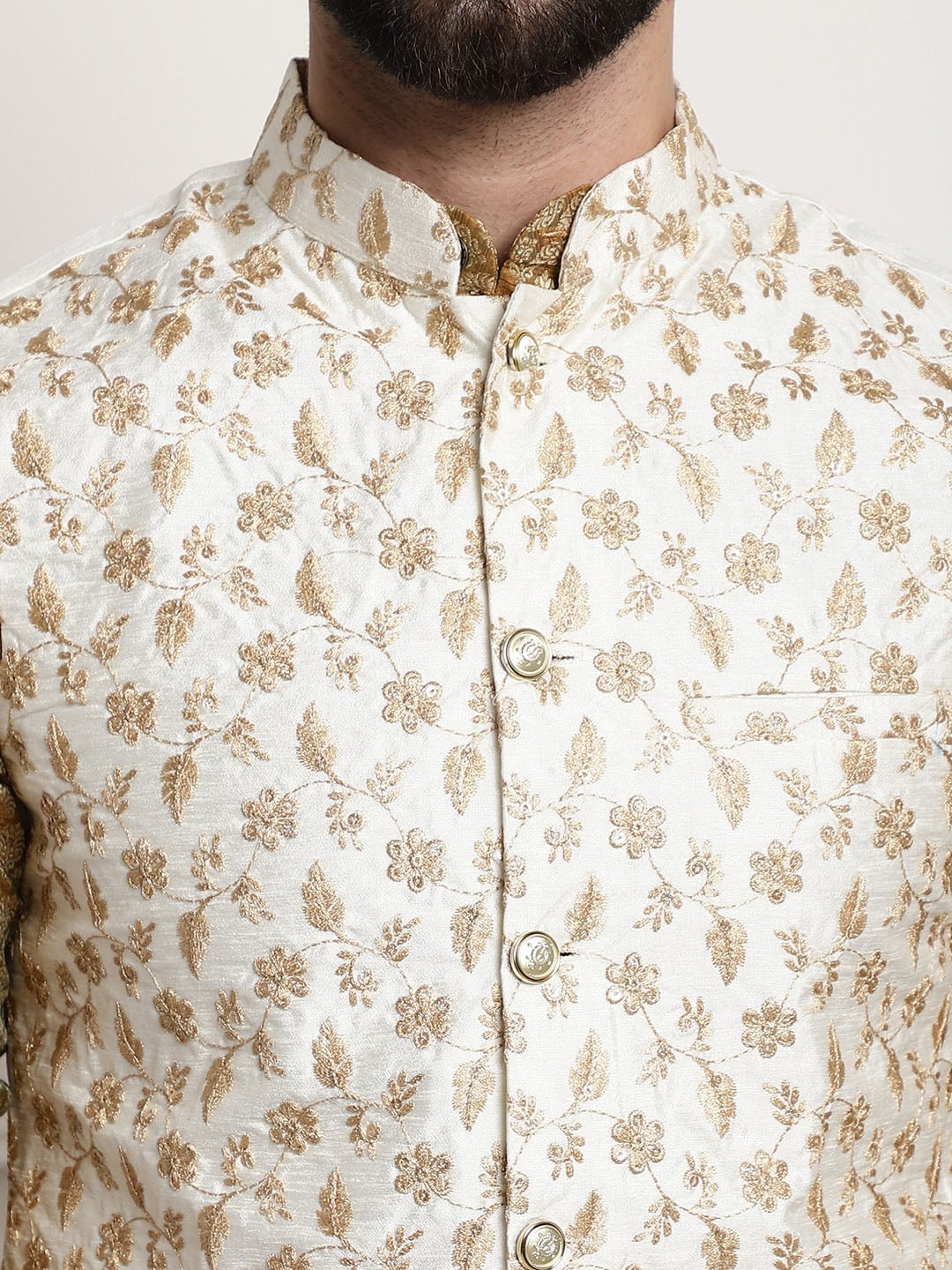 Sojanya Woven Design Mandarin Collar Kurta with Churidar & Nehru Jacket