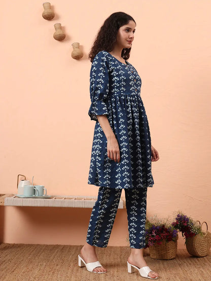 Yufta Blue Cotton Maternity Kurta Pant Set