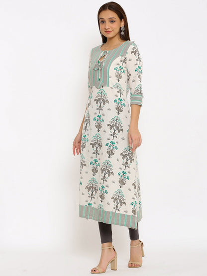 HERE&NOW Off-White & Grey Floral Printed Cotton Flax A-Line Kurta