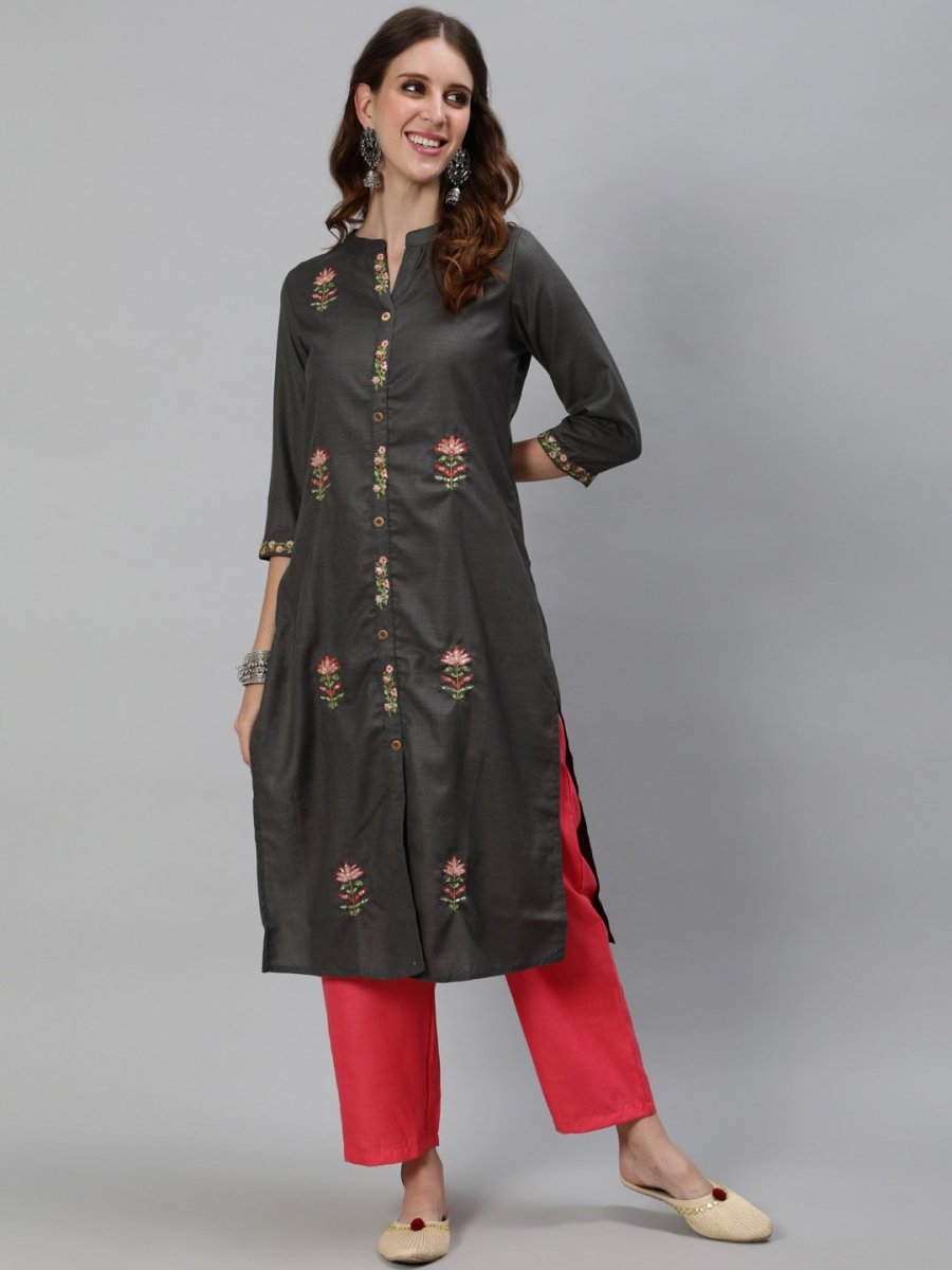 Aks Floral Embroidered Mandarin Collar Thread Work Detailed Straight Kurta with Trousers