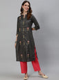 Aks Floral Embroidered Mandarin Collar Thread Work Detailed Straight Kurta with Trousers
