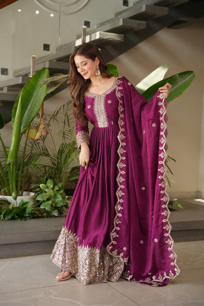 Lorenvalley Fashion Purple Noha Crush Silk with Embroidery Threads & Sequins Work Anarkali Gown with Dupatta