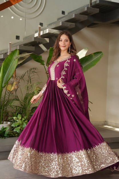Lorenvalley Fashion Purple Noha Crush Silk with Embroidery Threads & Sequins Work Anarkali Gown with Dupatta