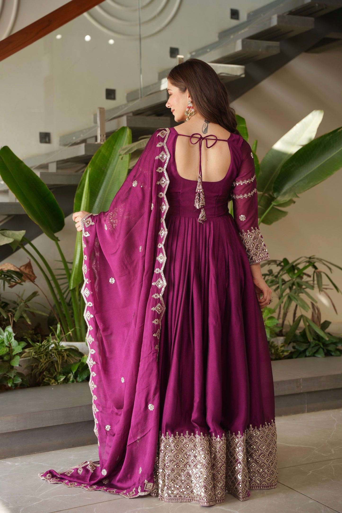 Lorenvalley Fashion Purple Noha Crush Silk with Embroidery Threads & Sequins Work Anarkali Gown with Dupatta