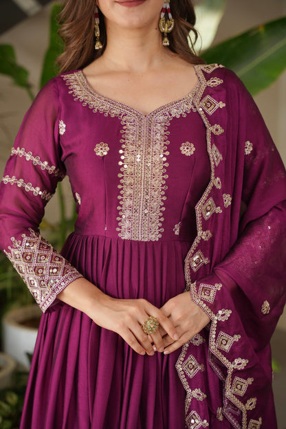 Lorenvalley Fashion Purple Noha Crush Silk with Embroidery Threads & Sequins Work Anarkali Gown with Dupatta