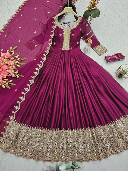 Lorenvalley Fashion Purple Noha Crush Silk with Embroidery Threads & Sequins Work Anarkali Gown with Dupatta