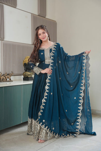 Lorenvalley Fashion Rama Noha Crush Silk with Embroidery Threads & Sequins Work Anarkali Gown with Dupatta
