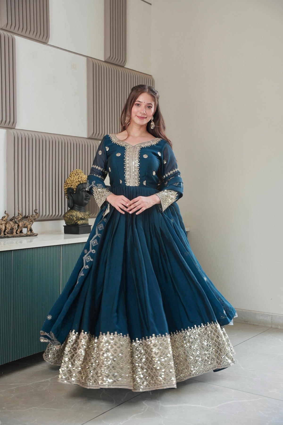 Lorenvalley Fashion Rama Noha Crush Silk with Embroidery Threads & Sequins Work Anarkali Gown with Dupatta