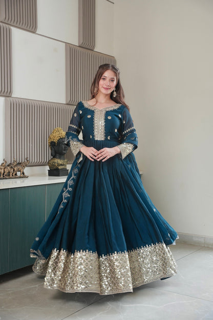 Lorenvalley Fashion Rama Noha Crush Silk with Embroidery Threads & Sequins Work Anarkali Gown with Dupatta